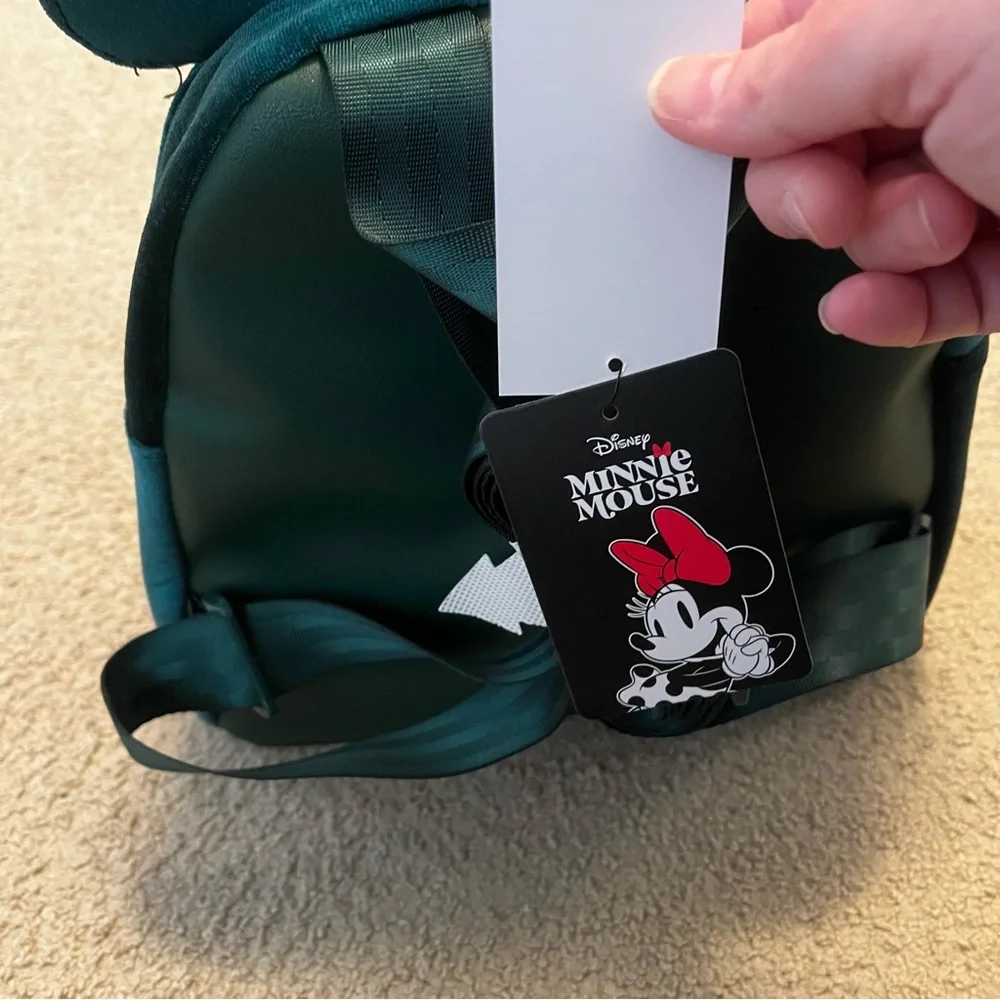 NWT Disney Minnie Mouse Green Velvet Ear Backpack with Shimmery Bow